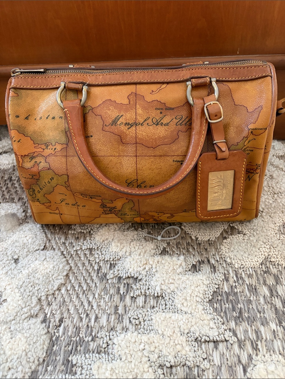 Alviero Martini Brown Map-Print Leather Toiletry Bag